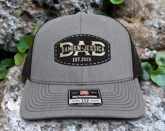 Dad Est Leather Patch Trucker Hat with Kids Names, Personalized Dad Hat, Custom Leather Patch Hat, Business Merch, Snapback Baseball Cap