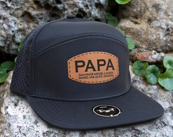 Papa Hat with Leather Patch, Personalized Baseball Cap for Fathers, Grandpa Gift, Custom Dad Hat with Kids Names, Adjustable Unisex Cap
