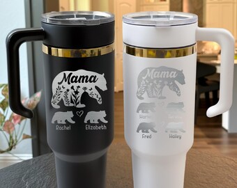 Personalized Mama Bear Tumbler, Mama Bear Tumbler With Cubs, Mama Bear 40oz Tumbler With Handle, with Lid and Straw, Engraved Mama Bear Gift