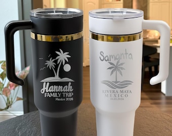 Personalized Girls Trip Tumbler, Weekend Vacation Gift, Custom 40oz Tumbler with Handle Straw and Lid, Family Vacation Cup, Engraved Tumbler