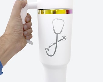Personalized Nurse Tumbler, Custom Nurse Tumbler with Name, 40OZ Bottle, Nursing Student Tumbler With Lid Straw and Handle, Stethoscope