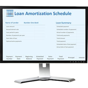 May include: A computer monitor displays a "Loan Amortization Schedule" with fields for loan details and a loan summary. The screen shows a light blue background with black text. The monitor is silver and has a black border.