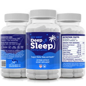 May include: A blue and white bottle of Key West Deep Sleep Calming Capsules dietary supplement. The bottle contains 60 vegan capsules and features a palm tree and the words "Deep Sleep" in a stylized font. The label also includes a nutrition facts panel with a list of ingredients and their amounts per serving.