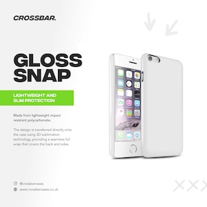 Puede incluir: Funda blanca para smartphone con el texto "GLOSS SNAP" y "LIGHTWEIGHT AND SLIM PROTECTION". La funda est&aacute; hecha de policarbonato ligero resistente a impactos. El dise&ntilde;o se transfiere directamente a la funda mediante tecnolog&iacute;a de sublimaci&oacute;n 3D.