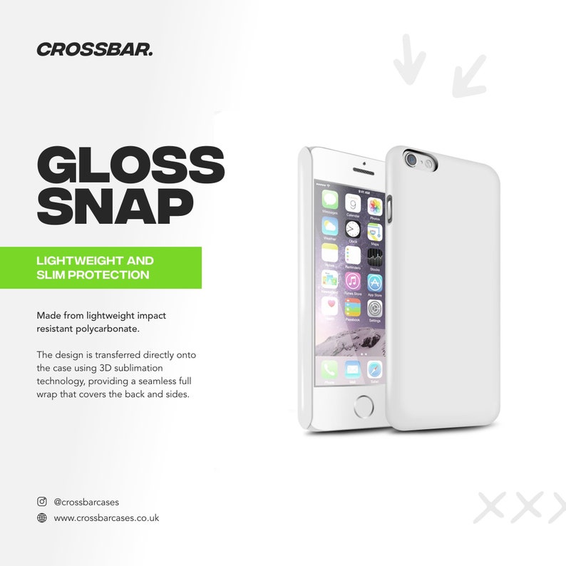 Puede incluir: Funda blanca para smartphone con el texto "GLOSS SNAP" y "LIGHTWEIGHT AND SLIM PROTECTION". La funda est&aacute; hecha de policarbonato ligero resistente a impactos. El dise&ntilde;o se transfiere directamente a la funda mediante tecnolog&iacute;a de sublimaci&oacute;n 3D.