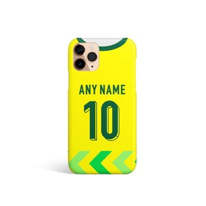 May include: Yellow iPhone case featuring a green and yellow football shirt design. The case has a white camera cutout and the number "10" in green on the front. The text "ANY NAME" is printed above the number.