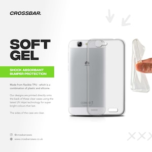 Puede incluir: Funda de tel&eacute;fono de gel suave transparente con un tel&eacute;fono dentro. La funda est&aacute; hecha de TPU flexible para protecci&oacute;n antichoque. El texto de la imagen dice "SOFT GEL" y "SHOCK ABSORBANT BUMPER PROTECTION".
