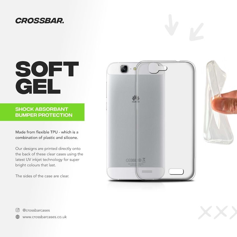 Puede incluir: Funda de tel&eacute;fono de gel suave transparente con un tel&eacute;fono dentro. La funda est&aacute; hecha de TPU flexible para protecci&oacute;n antichoque. El texto de la imagen dice "SOFT GEL" y "SHOCK ABSORBANT BUMPER PROTECTION".