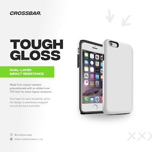 Puede incluir: Funda de tel&eacute;fono blanca con borde negro, junto a un tel&eacute;fono con pantalla blanca. El texto dice "TOUGH GLOSS" y "DUAL-LAYER IMPACT RESISTANCE". La funda es de policarbonato con forro de TPU.