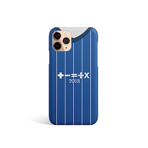 May include: A blue and white striped iPhone case with the text "+" "=" ":" "X" and "TOUR" printed on it.