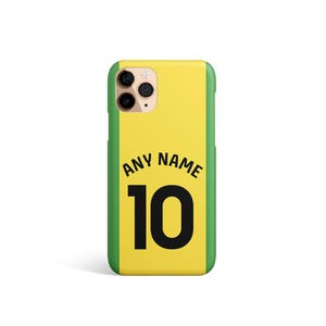 ノリッジ・シティのホームシャツをモチーフにした、非公式カスタムサッカースマホケース。名前も電話番号も自由自在