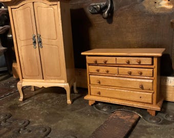 Vintage Miniature Dollhouse Wooden Furniture (Dresser & Wardrobe)