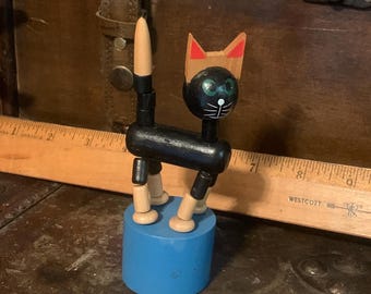 Vintage  Wooden Thumb Push Button Puppet  Toy  Black CAT