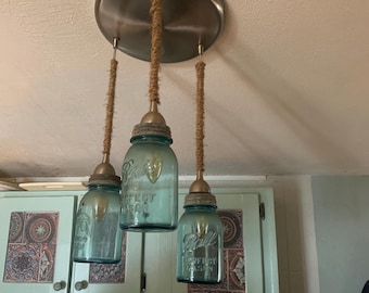 Mason Jar Chandelier, 3 Antique Aqua Blue Quart Ball Brand Jars with Original Lids,Rustic Hanging Pendant Lighting Fixture, Bulbs Included.