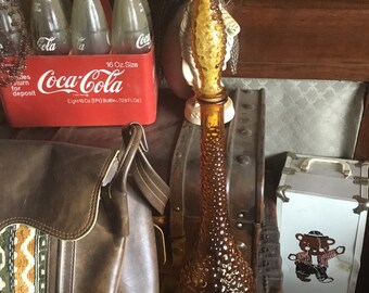 Vintage - 1970’s Mid - Century - Italian Empoli Glass - Bubble Texture - Amber Hue - Genie Bottle