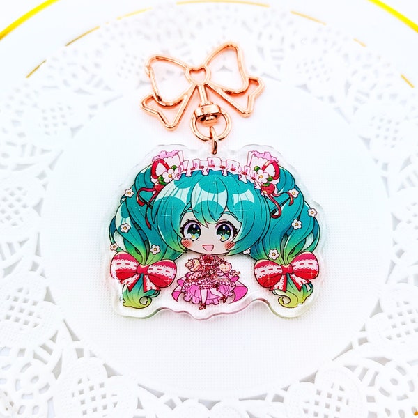 15th Anniversary (Strawberry) Hatsune Miku Acrylic Keychain/Charm (2.5in, double-sided, glitter epoxy)