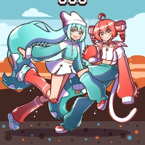 May include: Digital illustration of two anime-style characters in action poses. One character has long, turquoise hair and wears a white and turquoise outfit. The other has red hair and a red and white outfit. The image has text that says "MIKU" and "TETO".
