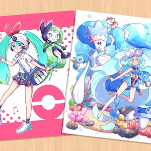 May include: Two illustrations of anime-style characters with Pokemon. The first illustration features a girl with green hair and a white and pink outfit, holding a Pokeball and standing next to a green Pokemon. The second illustration features a girl with blue hair and a blue and white outfit, standing next to a blue and white Pokemon. Both illustrations have a pink and white background with the word "エハイ" in Japanese.