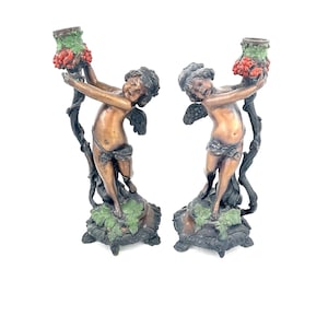 Antique Candlestick Holders | French Bronze Cast Iron Cherub Candleholders
