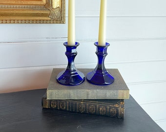 Vintage Cobalt Blue Tapered Glass Candlestick Set