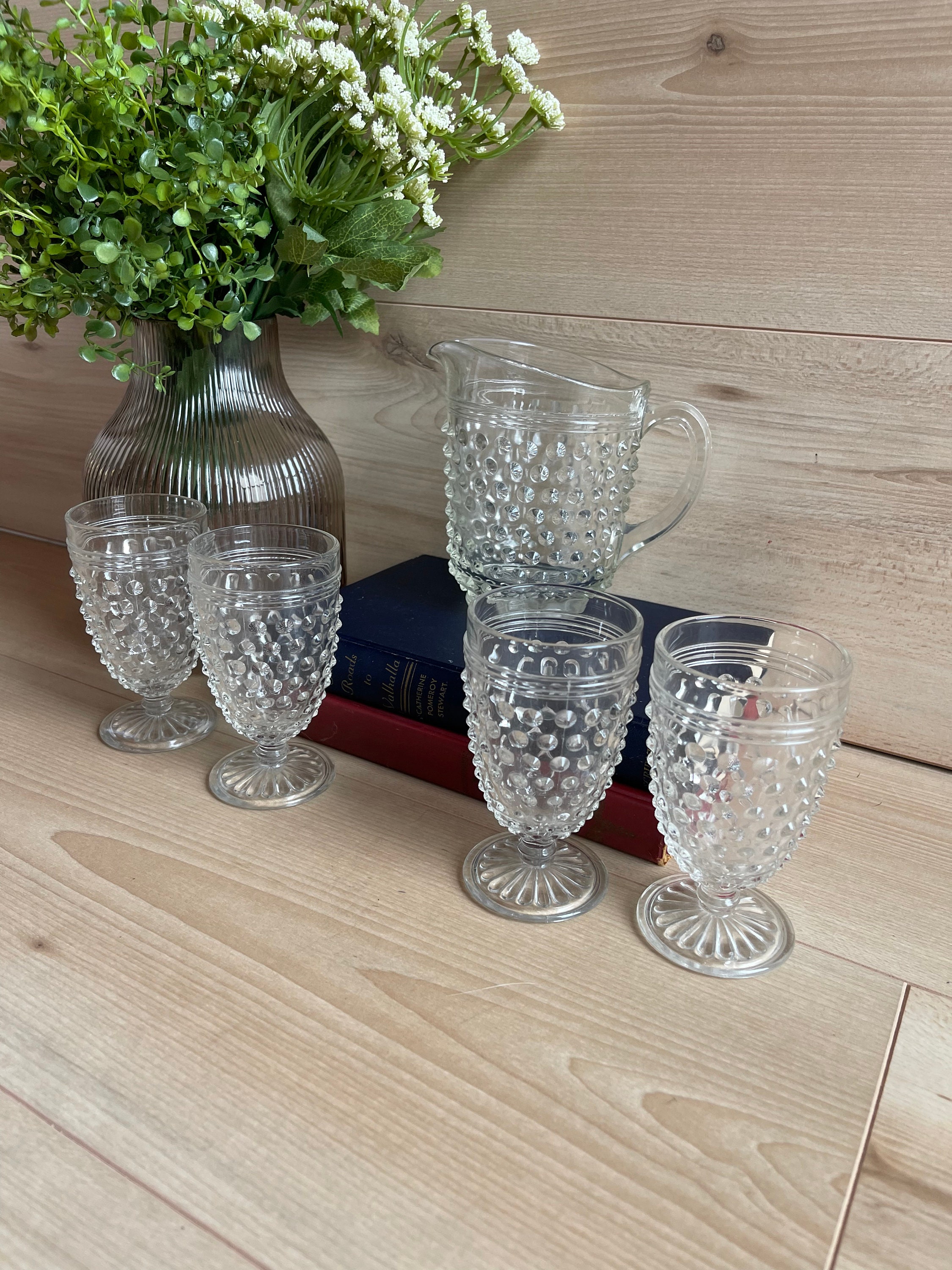 Vintage Glass Hobnail Pitcher Set Clear Glass Hobnail Pitcher Etsy