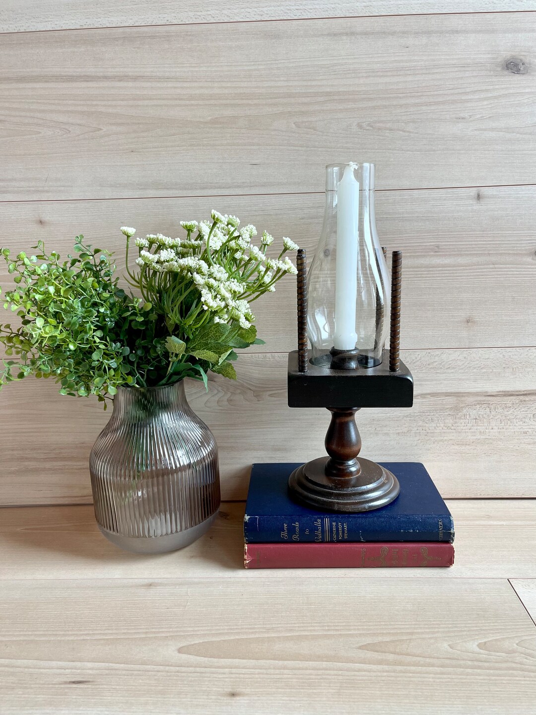 Vintage Wood Candlestick Holder With Hurricane Glass Etsy