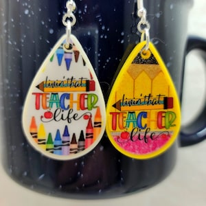 Living that teacher life, Teacher life, Double sided teardrop, Teacher teardrop earrings,  Resin, yellow teardrop earrings, Epoxy, pencil