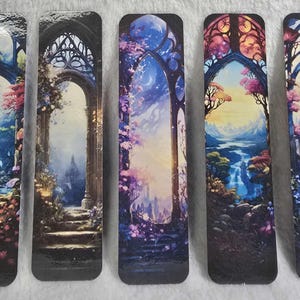May include: Set of six bookmarks featuring colorful fantasy scenes with arched doorways and intricate details. Each bookmark is approximately 17.5 cm long and 5.5 cm wide.