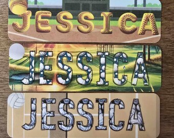 Custom name sports bookmark/Kids bookmark with name/Personalized name bookmark/Book lover/Baseball Softball Volleyball golf music bookmark