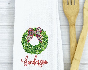 Christmas wreath last name embroidered kitchen towel