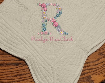 Floral letter with script name Embroidered baby quilt