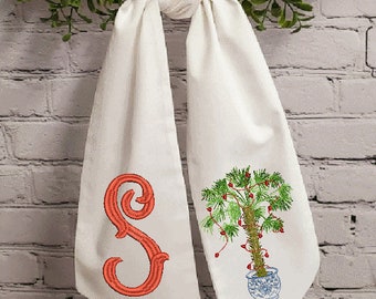 White wreath sash with Christmas palm tree embroidery design and monogram