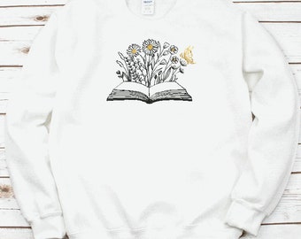 open book with flowers design embroidered sweatshirt