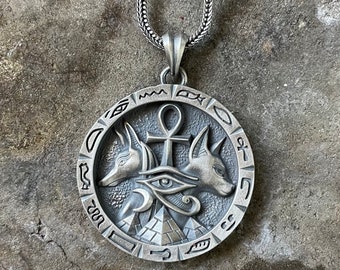 925K Sterling Silver Anubis Bastet Pendant - Egyptian Ankhy Cross Necklace - Ancient God Symbol Pendant - Eye of Horus Egyptian Necklace