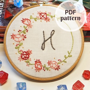 Dice Floral Wreath Monogram, DnD Polyhedral Dice - Embroidery Pattern - Instant Digital Download - PDF Embroidery Pattern