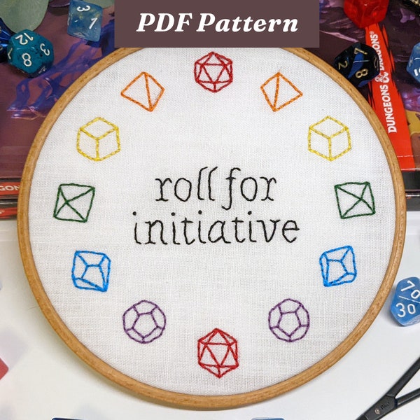 Roll for Initiative Dice Rainbow DND Themed Embroidery Pattern - Instant Digital Download - PDF Embroidery Pattern