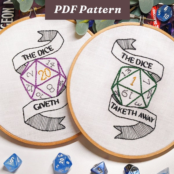 The Dice Giveth & The Dice Taketh Away - Two d20 DND Embroidery Patterns - Instant Digital Download - PDF Embroidery Pattern