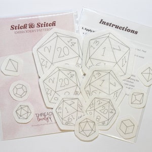 D&D Dice Stick and Stitch Embroidery Patterns | Pack of 13 | Peel and Stick