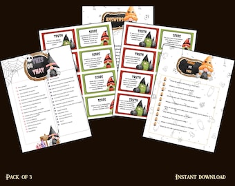 May include: A set of Halloween-themed game cards with a dark brown background. The cards feature gnomes, text, and spooky graphics. The text includes "Truth", "Scare", and "Riddle Me This". The words "Pack of 3" and "Instant Download" are also visible.