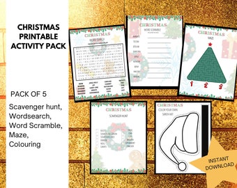 May include: A Christmas printable activity pack consisting of five sheets featuring a word search, word scramble, maze, scavenger hunt, and a color your own Santa hat page. Each sheet includes festive graphics like wreaths, trees, and gingerbread.