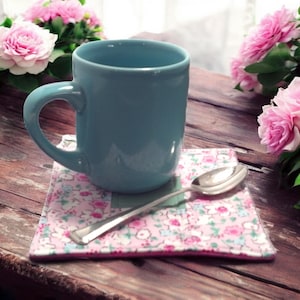 Quilted Fabric Coasters – Teal & Pink Floral (Set of 4)