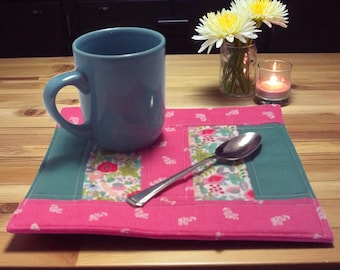 Handmade Quilted Mug Rug: Pink Floral & Teal Snack Mat (9.5x9 in.)