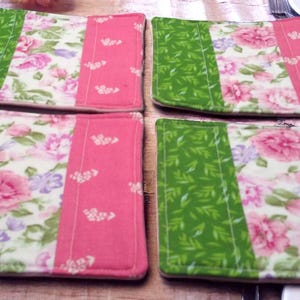 Shabby Chic Quilted Coasters – Set of 4 Large 5.5x5.5 Cotton Fabric with Pink & Green Cabbage Roses, Pink Flannel Backing, Handmade