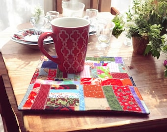 Handmade Crazy Quilt Mug Rug: Scrappy Patchwork Placemat - Cottagecore Decor