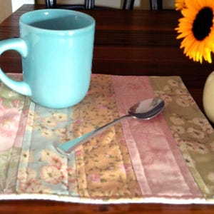 Boho Floral Mug Rug – 10x10 Cotton Mini Placemat -- One-Of-A-Kind Quilted Mat