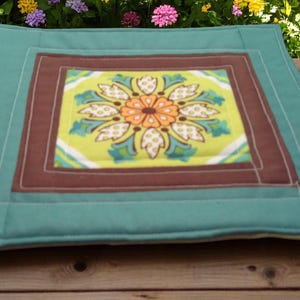 Quilted Mug Rug 8x8.5 – Handmade Fabric Snack Mat with Medallion Center, Boho Vintage Decor, Yellow Flannel Back, Mini Placemat