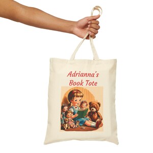 Cotton Canvas Tote Bag: Custom Name Kids Cotton Canvas Library Book Tote Bag Girls Gift Christmas Birthday Vintage Nostalgia