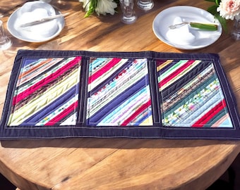 Handmade Quilted Table Runner – Attic Window Quilt Block – Colorful Strips – Navy Border –28x12.5 Inches