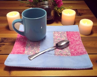 Handmade Quilted Floral Placemat: Pink & Blue Cotton Snack Mat