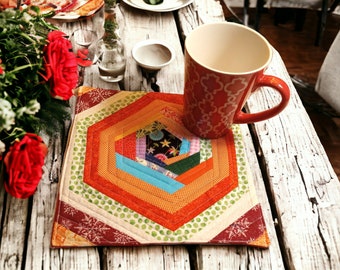 Contemporary Patchwork Harmony: Quilted Hexagon Trio Bringing Farmhouse Country Cottagecore Elegance  Gift Idea Coffee Mat Tea Lover